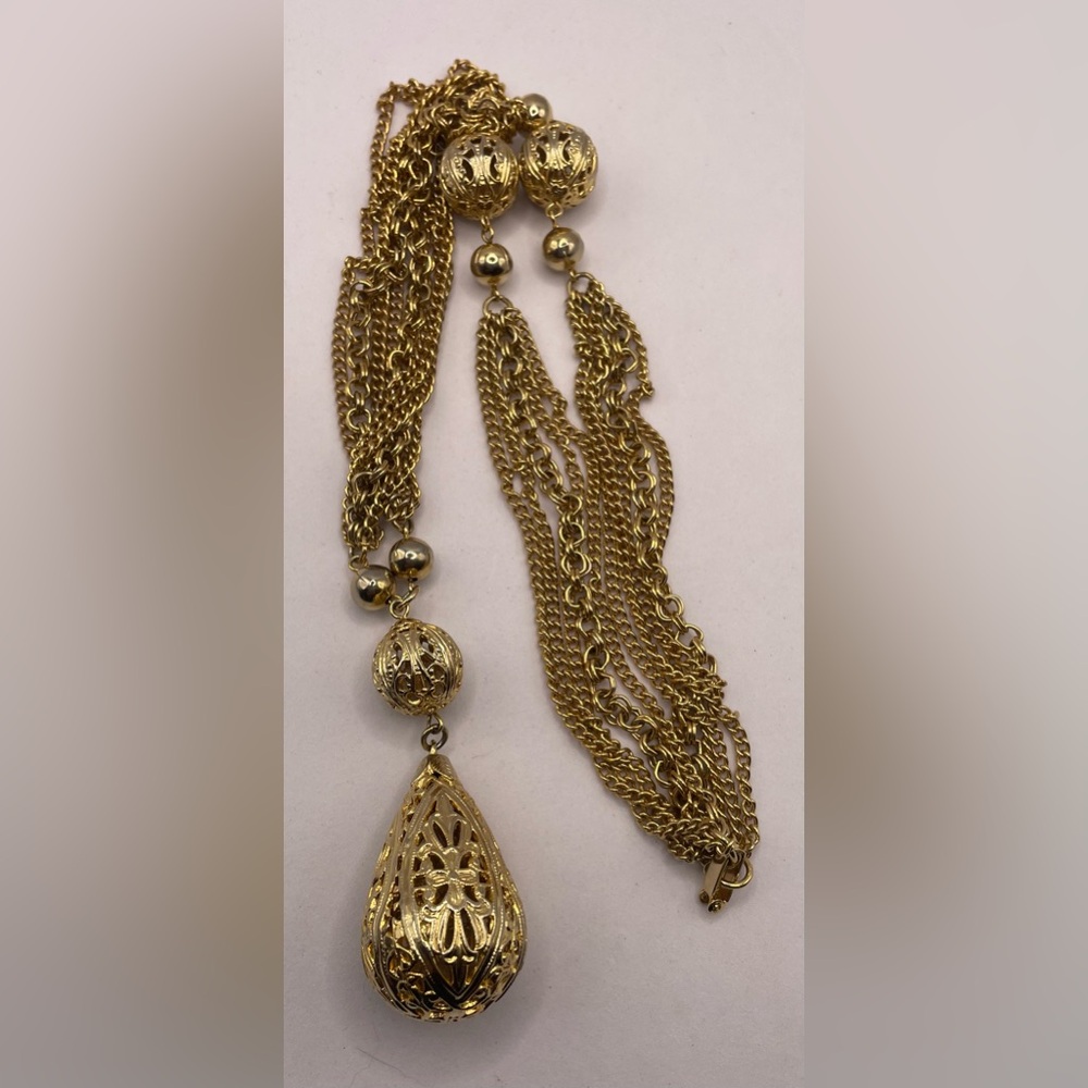 Vintage Gold Tone Festoon Multi Chain Necklace Filigree Sphere Tear Drop Pendant - Picture 2 of 8